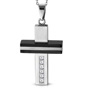 Stainless Steel Cross with Black Detail and CZs